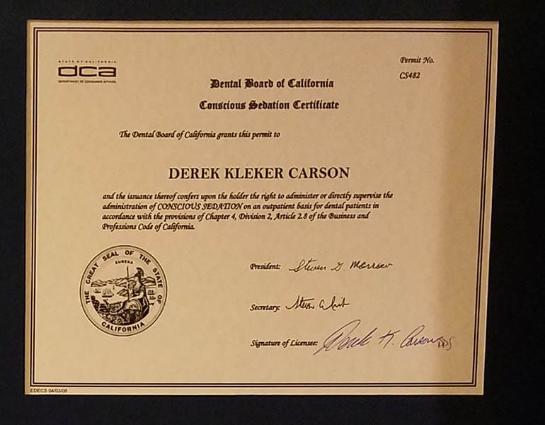 Certificado de sedación consciente del Dr. Derek K. Carson